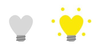 Vector icon set of heart shaped lightbulbs, grey and glowing yellow. Flat color style.