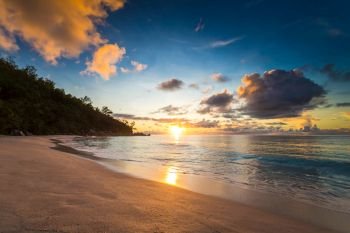 Beautiful view of a tropical beach in Praslin, Seychelles