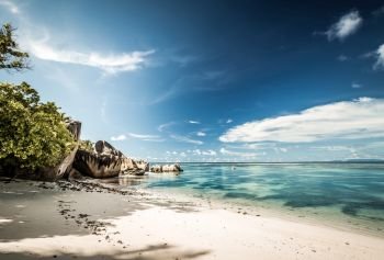 Beautiful beach Anse Source D’argent in Praslin, Seychelles