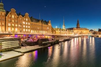Copenhagen downtown Cityscape at sunset twilight night Denmark