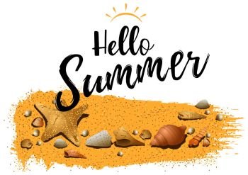 Hello Summer Design with Sand and Sea Shells