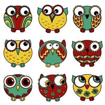 Set of nine cartoon cute and funny various oval owls isolated on the white background, vector outlines as icons