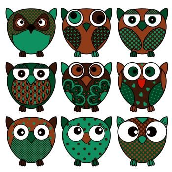 Set of nine cartoon cute oval owls in various pattern and dark colors isolated on the white background, vector outlines as icons
