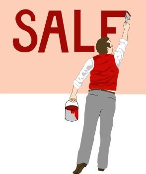 Men writing word sale. Concept of a seasonal sale. Flat vector illustration banner.