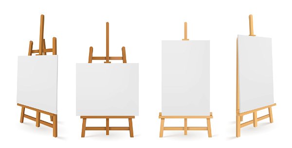 Painting stand wooden easel with blank canvas poster board Stock