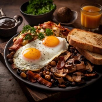 Fried eggs and bacon and fried mushrooms on the table.