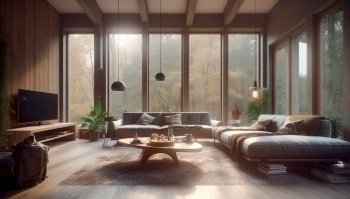 Interior design of modern living room, autumn forest behind big windows. Created with generative Ai technology.