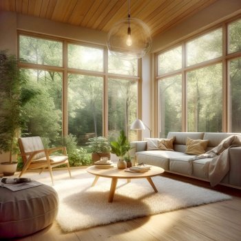 Interior design of modern living room, forest behind big windows. Created with generative Ai technology.
