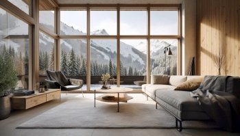 Winter mountains behind windows. Interior design of modern living room. Created with generative Ai technology.