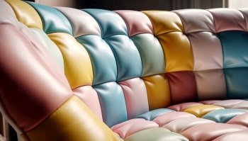 Colorful loveseat tufted sofa with cushions. Created with generative AI technology.