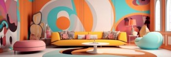 Interior design of pop art style colorful living room. Created with generative AI technology.