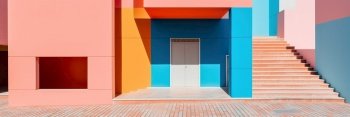 Colorful vivid building with door and stairs on sunny day. Summer minimalist architecture background. Created with generative Ai technology.