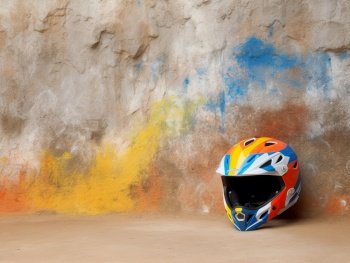 Colorful adventure touring helmet against stone wall with graffiti. Active lifestyle background. Created with generative Ai technology.