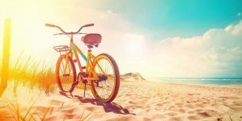 Bike on sand beach. Summer active lifestyle background. Created with generative Ai technology.