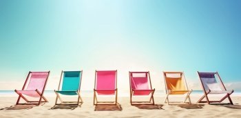 Multicolored beach chairs on a sun sand beach. Created with generative Ai technology.