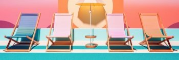 Multicolored beach chairs and umbrella. Summer vacation concept background. Created with generative Ai technology.