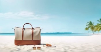 Leather bag on sand beach. Summer vacation concept background. Created with generative Ai technology.