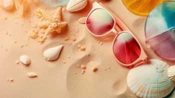 Vibrant stylish pink sunglasses on the sand. Summer vacation concept background. Created with generative Ai technology.