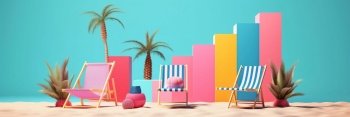 Multicolored beach chairs and palms. Summer vacation concept abstract background. Created with generative Ai technology.