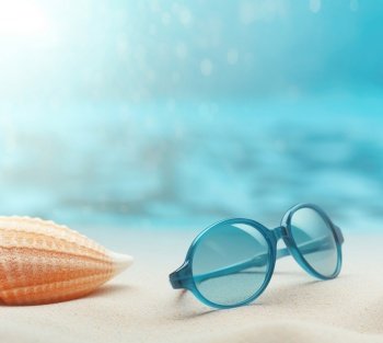 Stylish sunglasses and shell on sand beach. Summer vacation concept. Created with generative Ai technology.