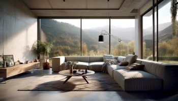 Mountain behind big panoramic window. Interior design of living room. Created with generative AI technology.