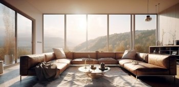 Mountain behind big panoramic window. Interior design of living room. Created with generative AI technology.