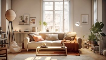 Scandinavian interior design of modern living room. Created with generative AI technology.
