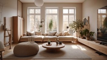 Big windows and wooden furniture. Interior design of scandinavian living room. Created with generative AI technology.