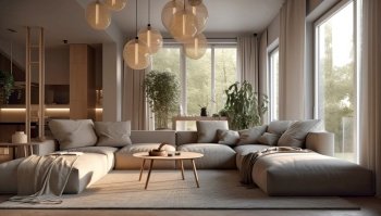 Studio apartment with gray sofa. Interior design of modern living room. Created with generative AI technology