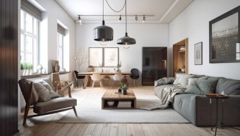 Scandinavian interior design of living room with gray sofa. Created with generative AI technology.