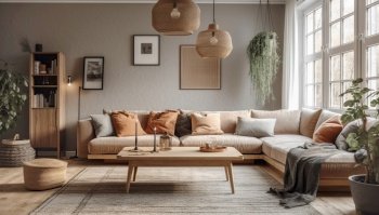 Beige velvet sofa in modern living room. Home interior design. Created with generative AI technology.