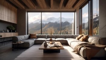 Chalet Interior design. Modern living room with wooden ceiling. Created with generative AI technology.