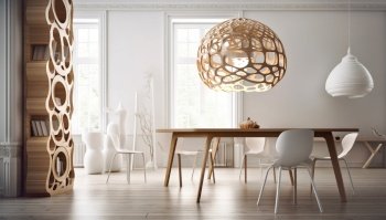 Abstract wooden elements. Interior design of modern dining room. Created with generative AI technology.
