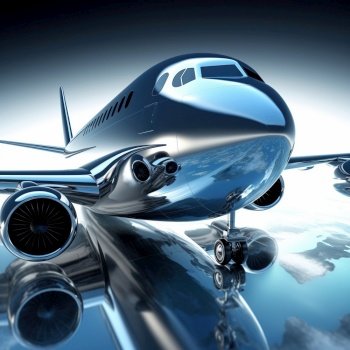 Business private jet on blue background. Created with generative Ai technology.