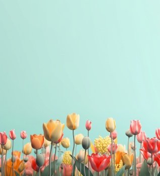Tulips flowers on turquoise backdrop. Floristic decoration. Natural floral background. Created with generative Ai technology.
