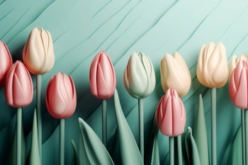 Tulips flowers on green backdrop. Floristic decoration. Natural floral background. Created with generative Ai technology.