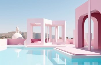 Swimming pool on sunny day. Summer minimalist architecture background. Created with generative Ai technology.