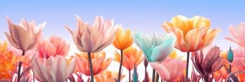 Beautiful flowers on blue backdrop. Floristic decoration. Natural floral background. Created with generative Ai technology.