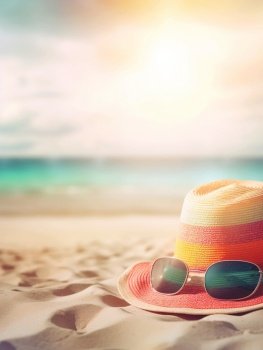 Vibrant beach straw hat and sunglasses on sand on sea shore. Summer vacation concept. Created with generative Ai technology.
