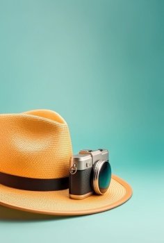 Straw hat and camera. Turquoise summer vacation background. Created with generative Ai technology.