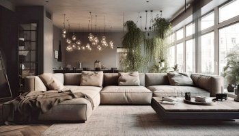 Interior design of modern living room with gray walls. Created with generative AI technology.