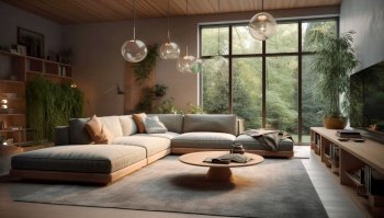 Forest behind large window. Interior design of modern living room. Created with generative AI technology.
