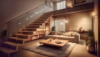 Loft Interior design of modern living room with staircase. Created with generative AI technology.