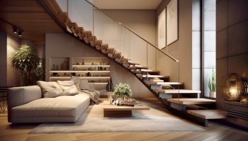 Staircase in modern duplex apartment. Interior design of living room. Created with generative AI technology.