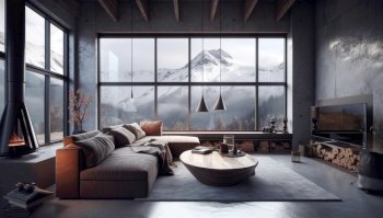 Snow mountain behind panoramic windows in chalet. Interior design of modern living room. Created with generative AI technology.