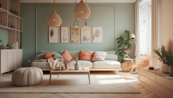 Pastel green wall behind white sofa. Interior design of modern living room. Created with generative AI technology.