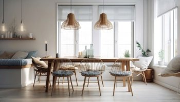 Scandinavian style interior design of modern dining room. Created with generative AI technology.