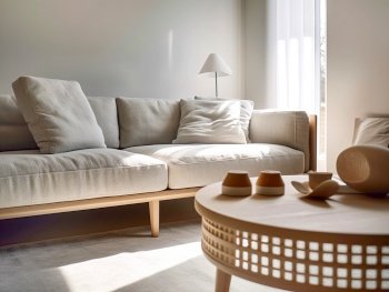 Wooden coffee table near gray textile sofa with cushions in living room. Created with generative AI technology.