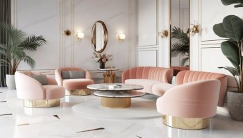 Hollywood glam interior design of living room with pink sofa. Created with generative Ai technology.