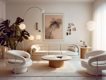 Hollywood glam interior design of living room with white sofa. Created with generative Ai technology.